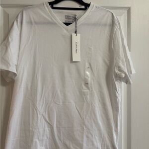 Calvin Klein Men's White V-Neck Short Sleeve Tee with Subtle Logo